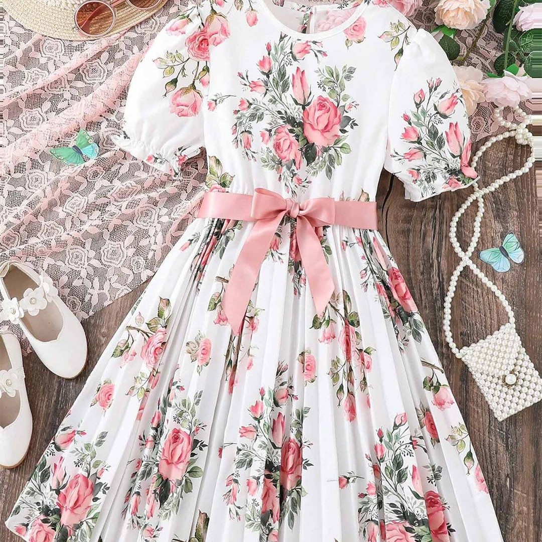 BAESD Girls Floral Print Round Neck Short Puff Sleeves Fit & Flare Dress