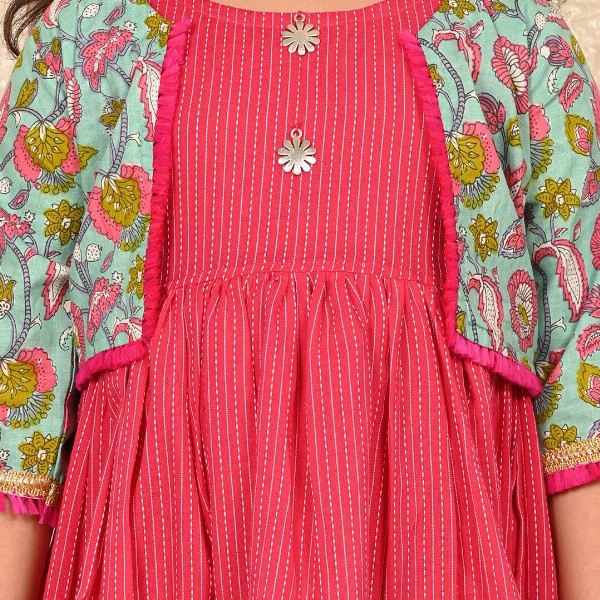 Sangria Girls Striped Cotton A-Line Ethnic Dress With Jacket