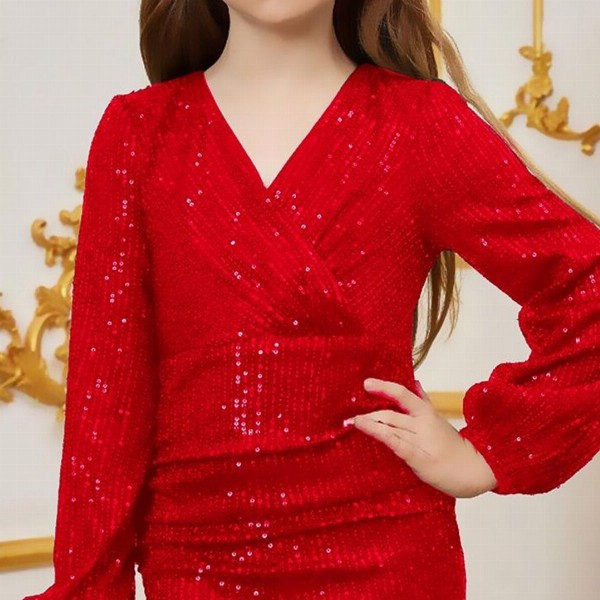 Texaso Premium Girls Embellished V-Neck Puff Sleeve Sheath Dress