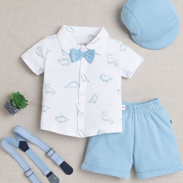 BUMZEE Infants Boys Printed Pure Cotton Shirt With Shorts And Bow Cap Suspenders