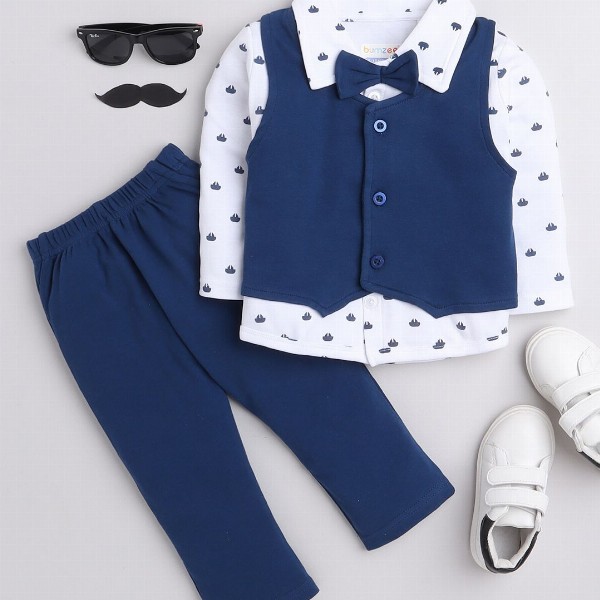 BUMZEE Boys Navy Blue & White Printed Shirt with Trousers