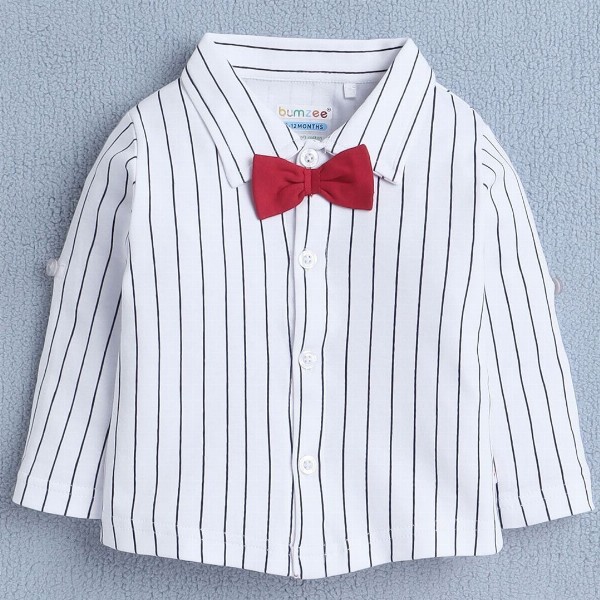 BUMZEE Infants Boys Striped Shirt Collar Pure Cotton Shirt With Shorts And Bow Waistcoat