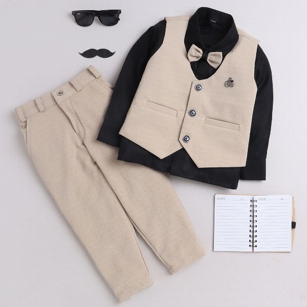 BAESD Boys 3-Piece Striped V-Neck Single-Breasted Suit With Bow