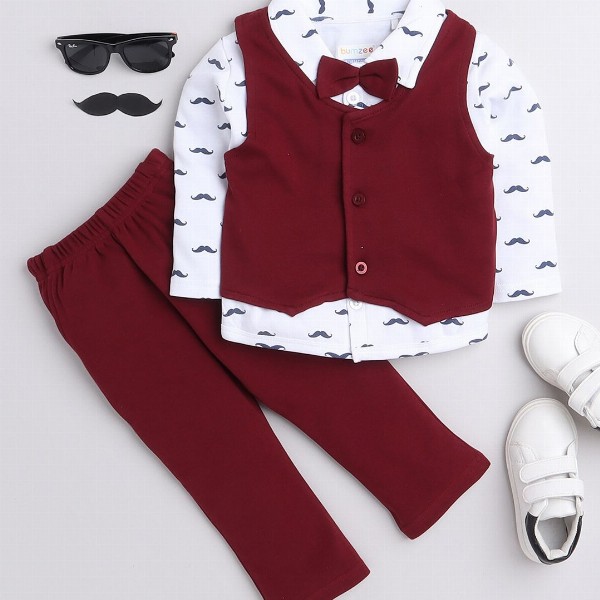 BUMZEE Boys Maroon & White Printed Shirt with Trousers