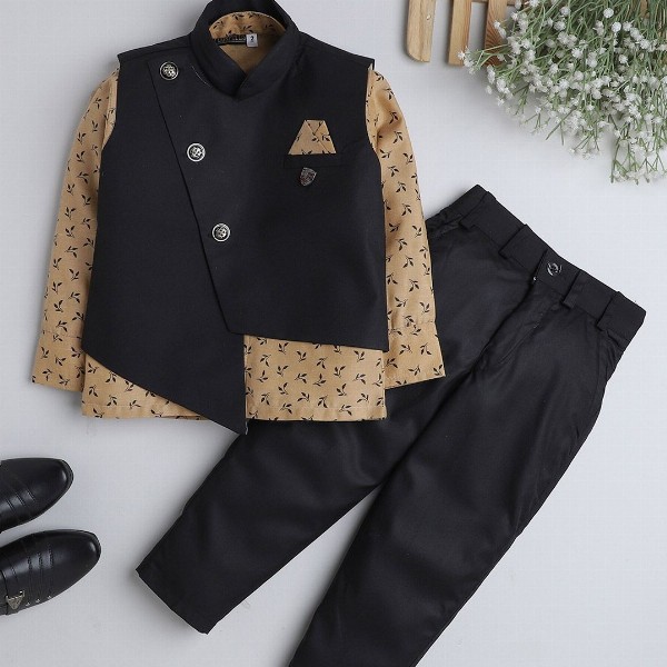 BAESD Boys Printed Shirt And Trousers With Nehru Jacket
