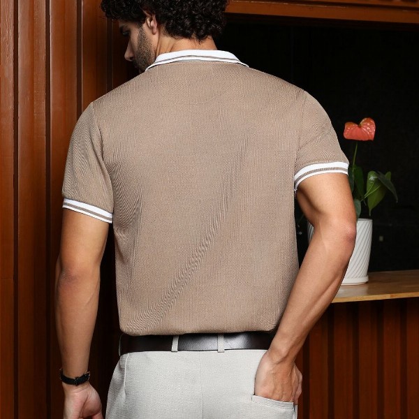 Campus Sutra Men Self Design Polo Collar Cotton T-shirt