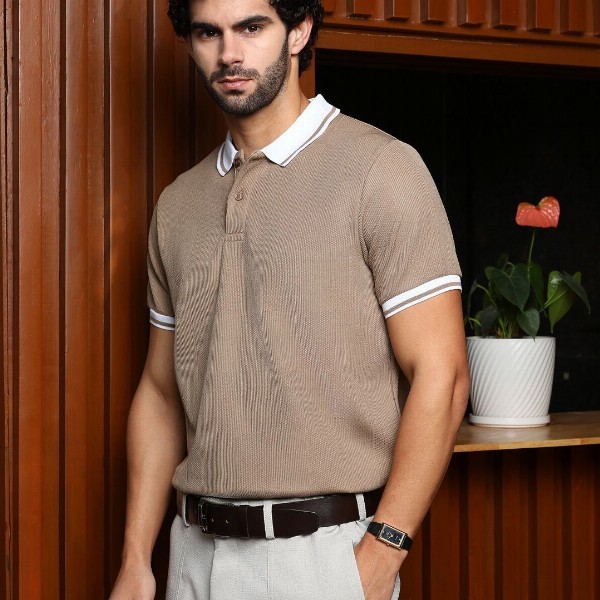 Campus Sutra Men Self Design Polo Collar Cotton T-shirt