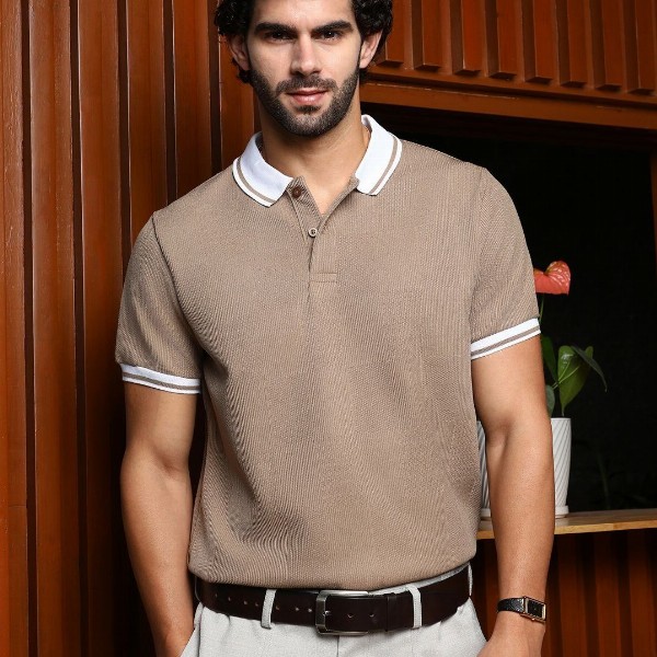 Campus Sutra Men Self Design Polo Collar Cotton T-shirt