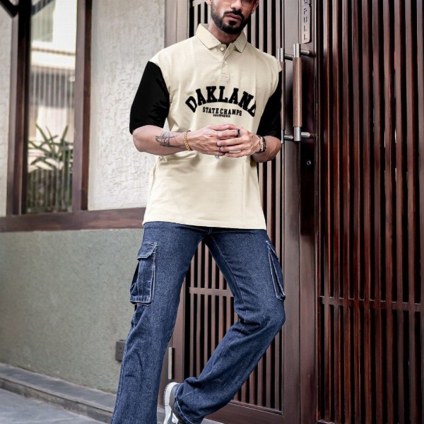 Maniac Men Typography Printed Polo Collar Cotton Oversized T-Shirt