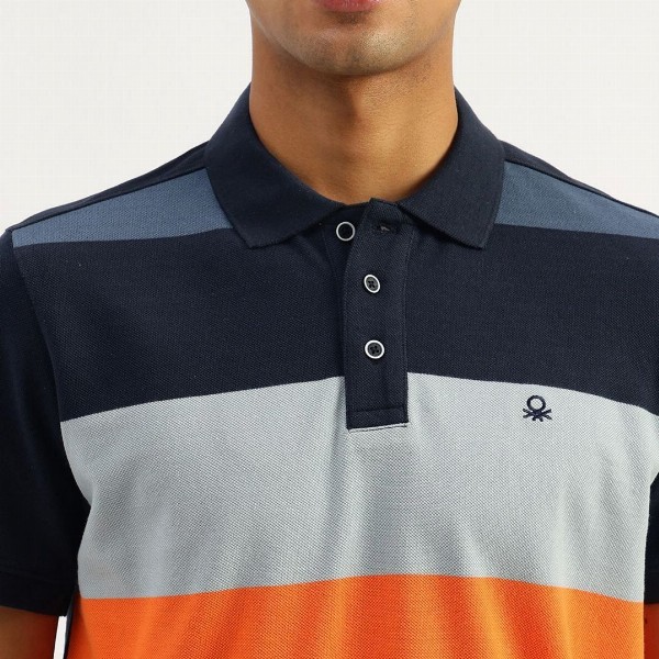 United Colors of Benetton Men Striped Polo Collar Cotton Relaxed Fit T-shirt