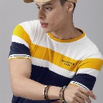 Roadster Men White Mustard Yellow Colourblocked Round Neck Pure Cotton T-shirt