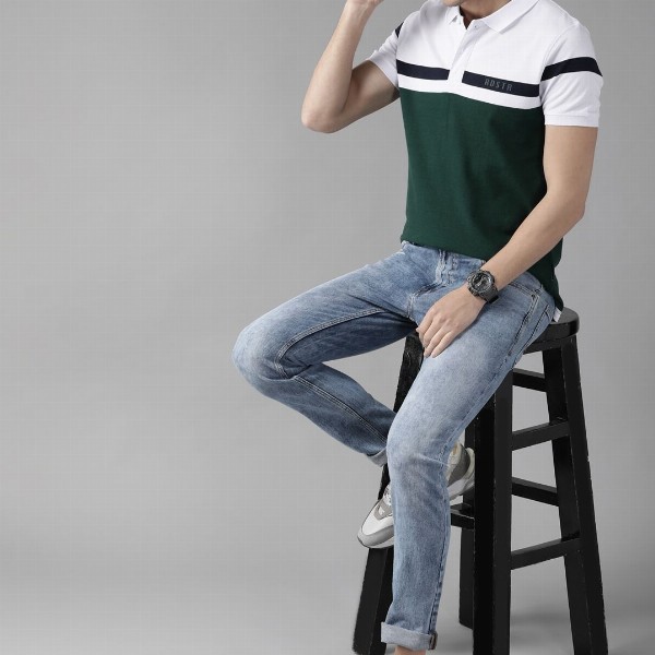 Roadster Men Green & White Pure Cotton Colourblocked Polo Collar T-shirt
