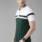 Roadster Men Green & White Pure Cotton Colourblocked Polo Collar T-shirt