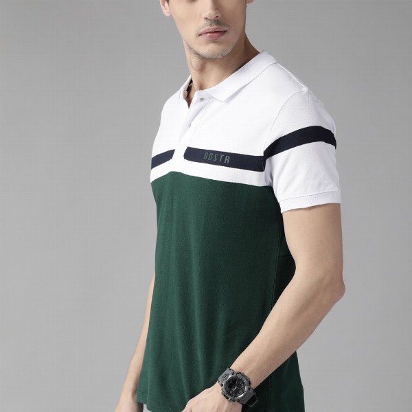 Roadster Men Green & White Pure Cotton Colourblocked Polo Collar T-shirt
