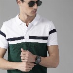 Roadster Men Green & White Pure Cotton Colourblocked Polo Collar T-shirt