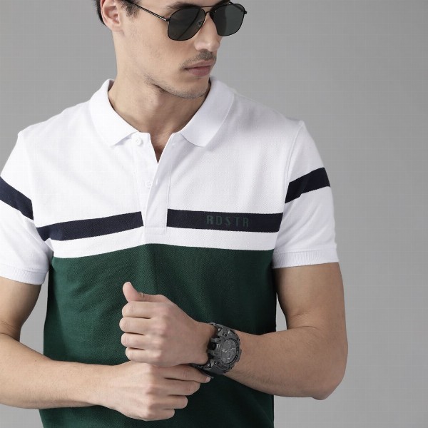Roadster Men Green & White Pure Cotton Colourblocked Polo Collar T-shirt