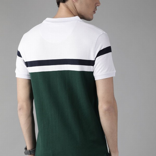 Roadster Men Green & White Pure Cotton Colourblocked Polo Collar T-shirt