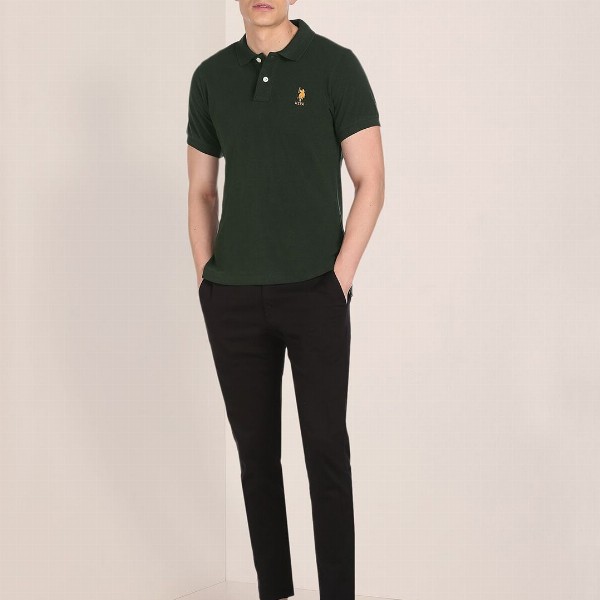 U S Polo Assn Men Green Brand Logo Embroidered Pure Cotton Polo Collar Slim Fit T-shirt