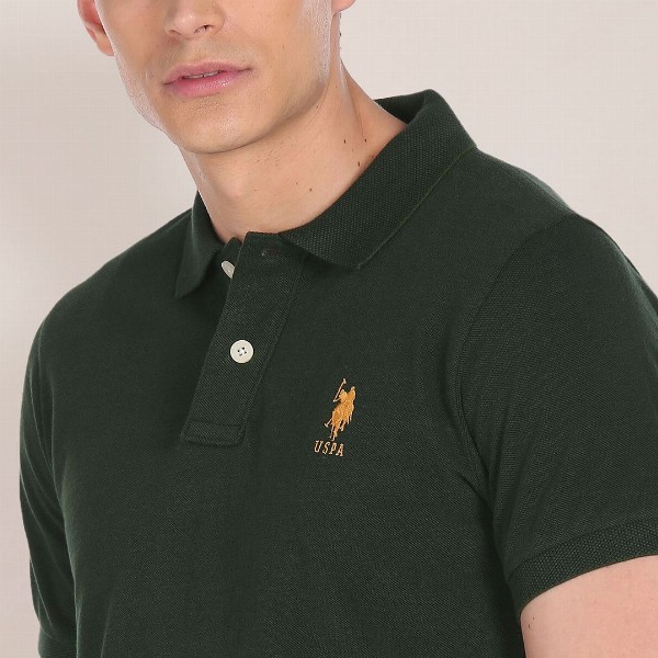 U S Polo Assn Men Green Brand Logo Embroidered Pure Cotton Polo Collar Slim Fit T-shirt