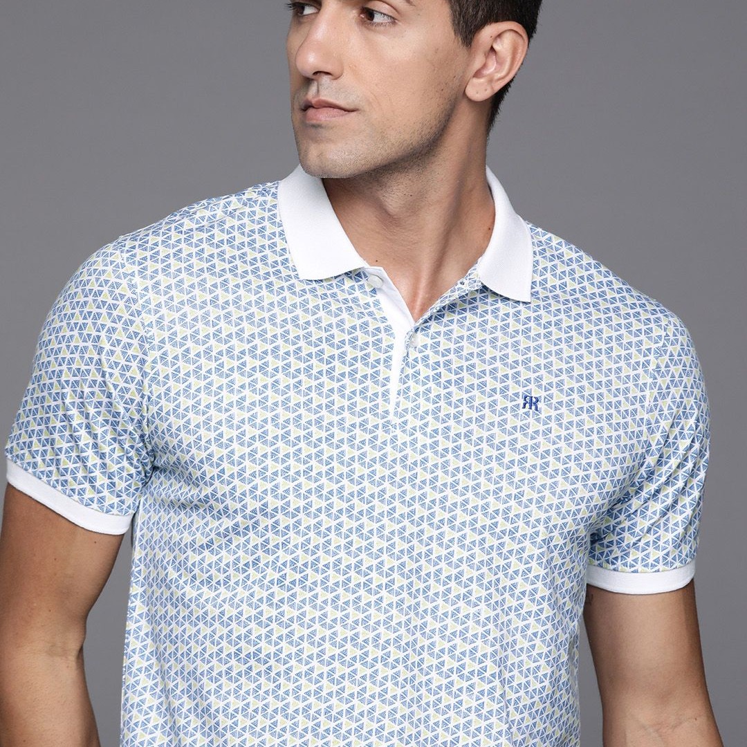 Raymond Men Blue & White Printed Polo Collar T-shirt