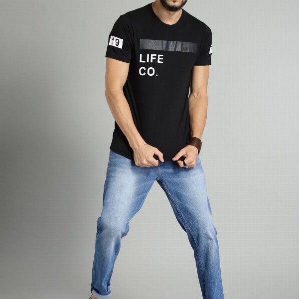 Roadster Men Black Printed Cotton Pure Cotton T-shirt