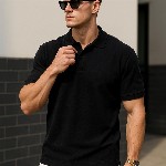 VEIRDO Black Polo Collar Pure Cotton T-shirt
