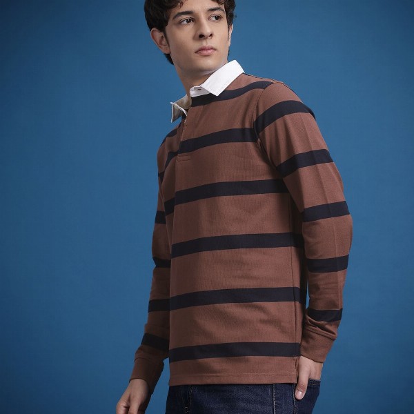 The Roadster Lifestyle Co. Men Striped Polo Collar Pure Cotton T-shirt