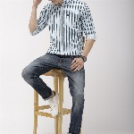 The Indian Garage Co Men White & Teal Blue Slim Fit Striped Casual Shirt