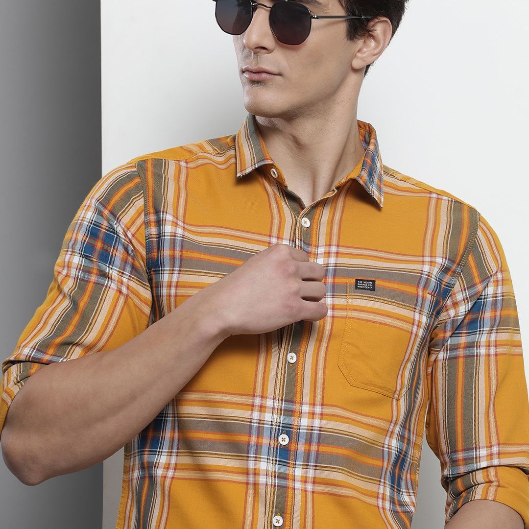 The Indian Garage Co Men Yellow Comfort Checked Regular Fit Casual Shirt
