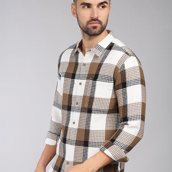 HERE&NOW Tartan Checks Spread Collar Long Sleeves Slim Fit Cotton Casual Shirt