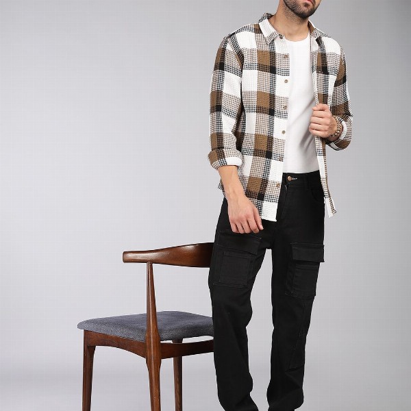 HERE&NOW Tartan Checks Spread Collar Long Sleeves Slim Fit Cotton Casual Shirt