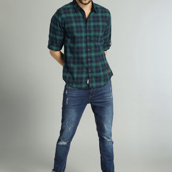 Roadster Men Green & Navy Blue Checked Casual Shirt