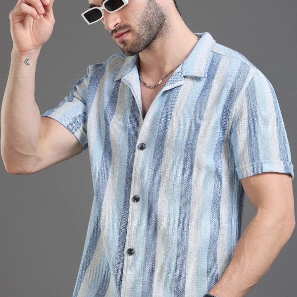 Moda Rapido blue Slim Fit Striped Short Sleeves Cotton Casual Shirt