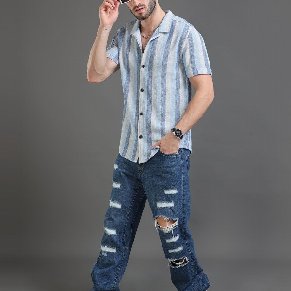 Moda Rapido blue Slim Fit Striped Short Sleeves Cotton Casual Shirt