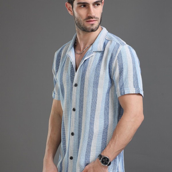 Moda Rapido blue Slim Fit Striped Short Sleeves Cotton Casual Shirt