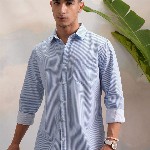HIGHLANDER Blue Classic Slim Fit Vertical Striped Spread Collar Cotton Casual Shirt