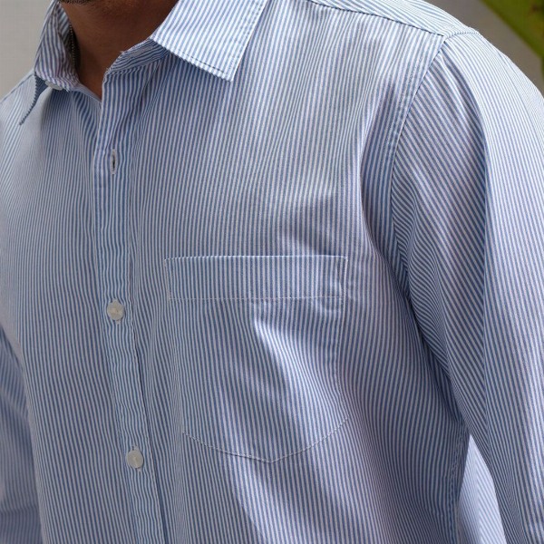 HIGHLANDER Blue Classic Slim Fit Vertical Striped Spread Collar Cotton Casual Shirt