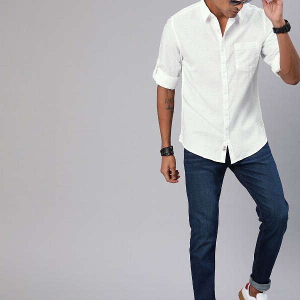 Roadster Men White Cotton Linen Casual Shirt With Roll-Up Sleeves