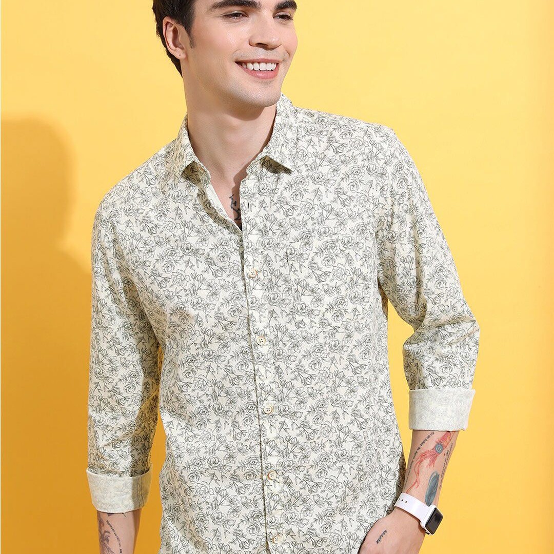 HIGHLANDER Lime Green Floral Printed Spread Collar Slim Fit Cotton Casual Shirt