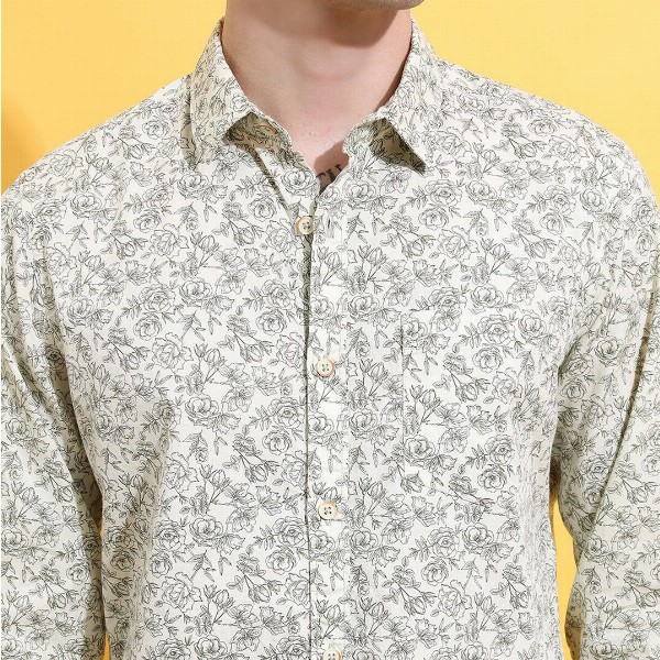 HIGHLANDER Lime Green Floral Printed Spread Collar Slim Fit Cotton Casual Shirt