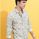 HIGHLANDER Lime Green Floral Printed Spread Collar Slim Fit Cotton Casual Shirt