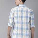 THE BEAR HOUSE Men White & Blue Classic Slim Fit Checked Pure Cotton Casual Shirt