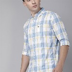 THE BEAR HOUSE Men White & Blue Classic Slim Fit Checked Pure Cotton Casual Shirt