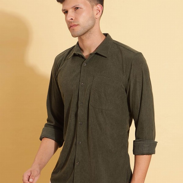 HERE&NOW Spread Collar Slim Fit Corduroy Casual Shirt