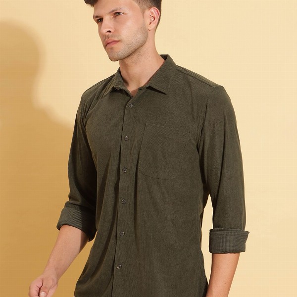 HERE&NOW Spread Collar Slim Fit Corduroy Casual Shirt