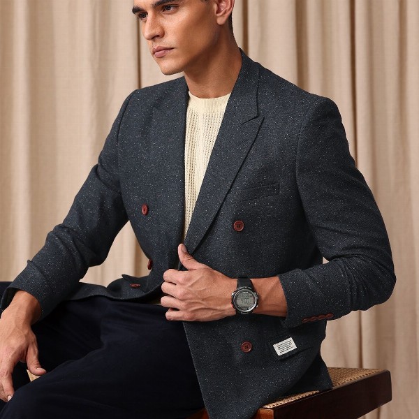 Mr Bowerbird Self Design Tailored Fit Double Breasted Casual Blazer