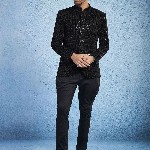 VASTRAMAY Embroidered Sequinned Mandarin Collar Slim-Fit Velvet Bandhgala Blazers